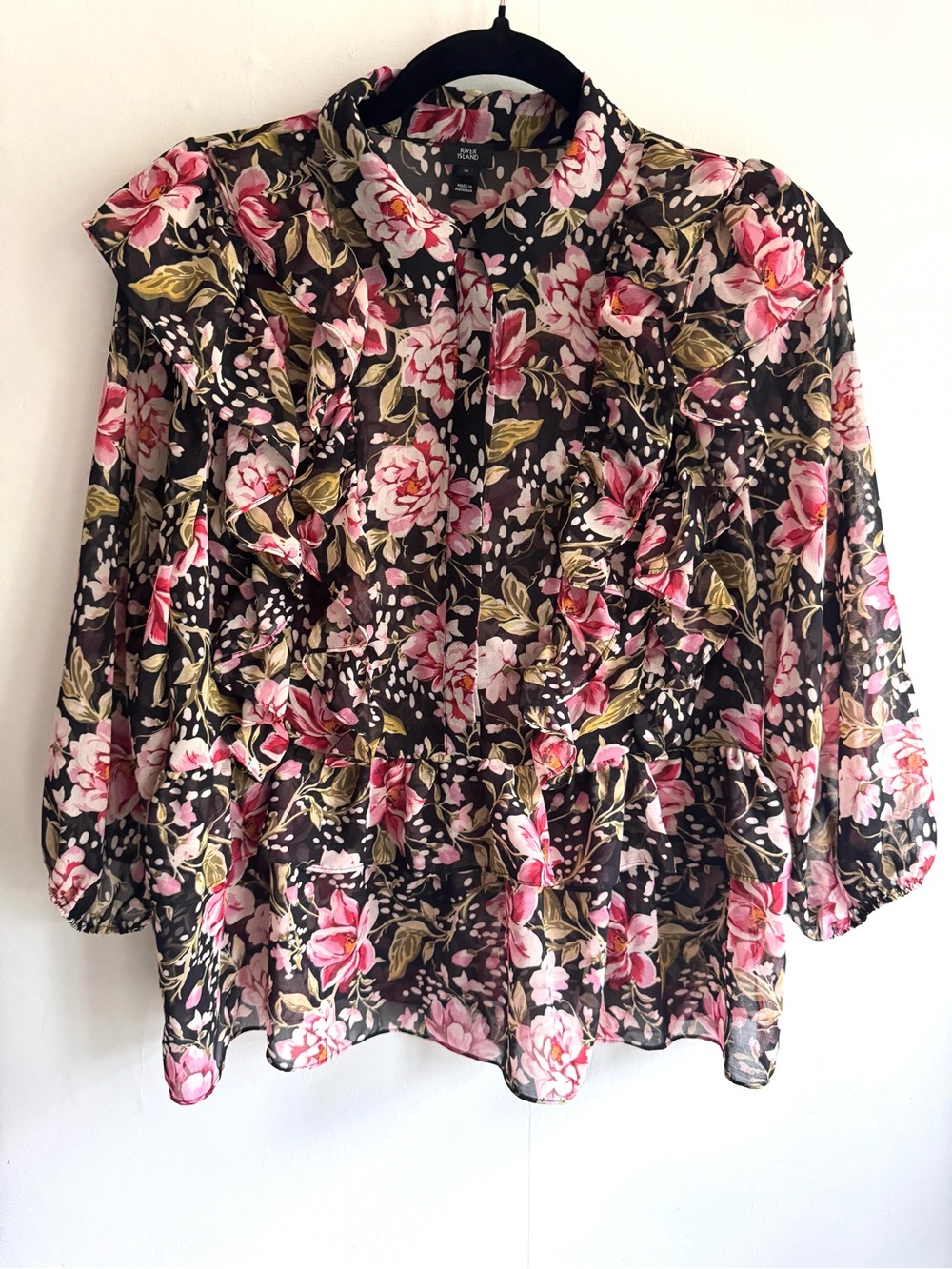 River Island Floral Ruffle Blouse - Pink on Black